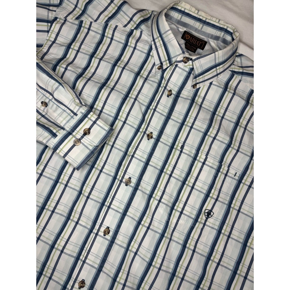 Ariat Long Sleeve Button Down Shirt Men's 2XL Vented White‎ Blue Plaid Fishing